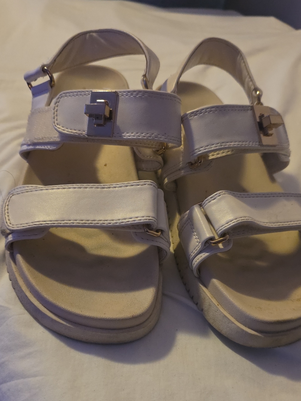 a new day White Girls' Velcro Strap Sandals with Gold Accent